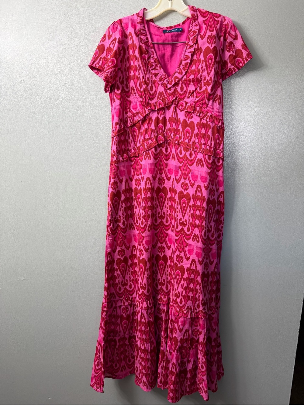 La Plage Ella dress features a vibrant pink and red heart ikat pattern Women's